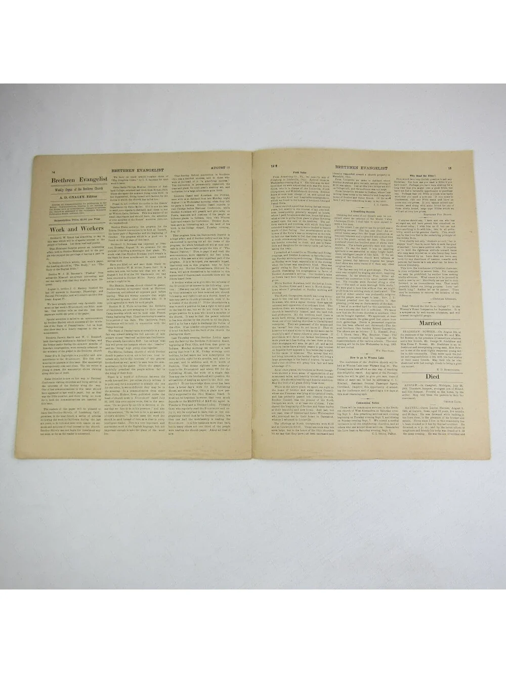 Brethren Evangelist Christian Newspaper Ashland Ohio Antique August 20th 1902